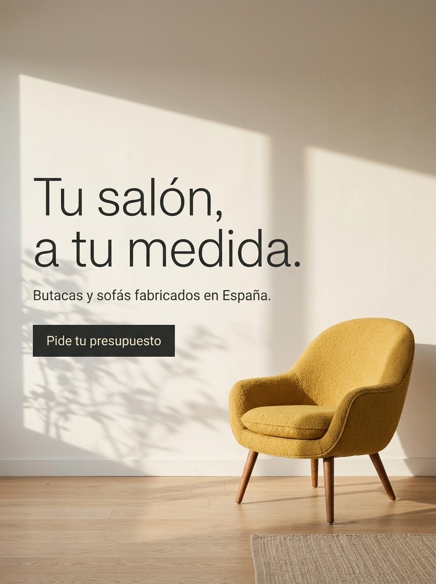 Servicios con IA 11 Anuncio generado con IA: la butaca mostaza junto a una pared iluminada, con el texto «Tu salón, a tu medida. Butacas y sofás fabricados en España» y el botón «Pide tu presupuesto»