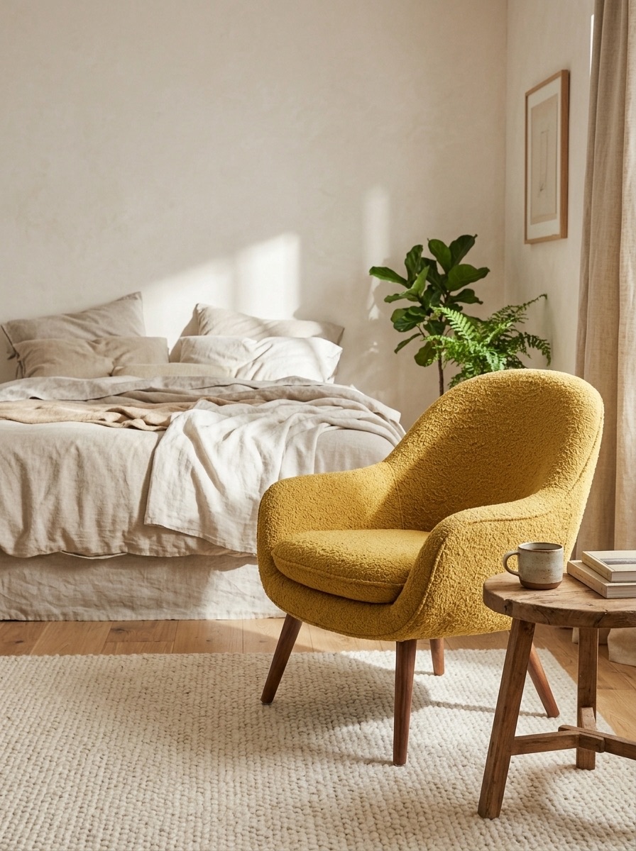 La butaca mostaza en un dormitorio con ropa de cama de lino y una mesita de madera con una taza