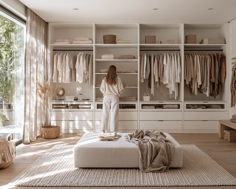 Vestidor a medida en blanco con módulos de colgar, baldas y cajones, y una clienta eligiendo ropa
